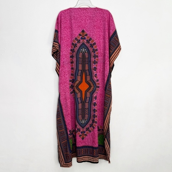 African Print Kaftan Cover up Dress With Drawstring, Pink Orange Black size S/M - Picture 4 of 5